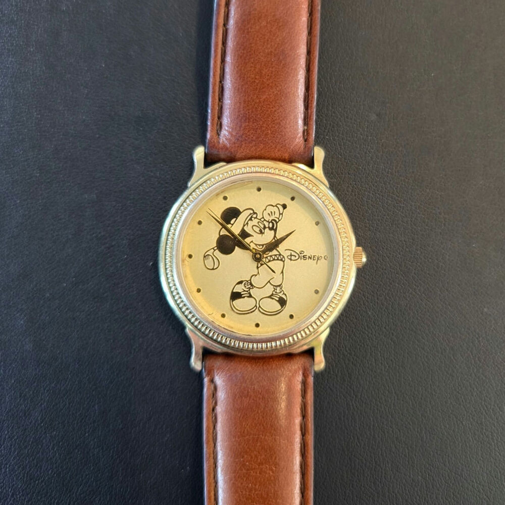 Disney Men's Gold Tone Watch with Brown Leather Strap